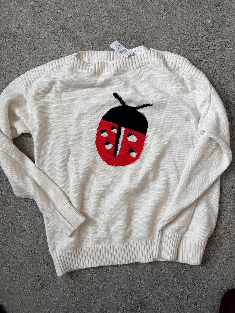 LOFT Cream Crewneck Sweater with Red & Black Ladybug Motif